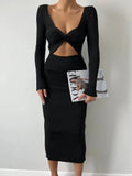 DERMEARNE Tossy Knitwear Ribbed Hollow Out Long Dress Women's Twist Long Sleeve Patchwork Slim Elegant Knit Dress Party Looks Maxi Dress