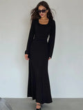 DERMEARNE Tossy Scoop Neck Lace-Up Ribbed Maxi Dress Female Long Sleeve Fashion Slim Loose Bandage Dress Autumn 2025 Solid Women Dress New