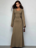 DERMEARNE Tossy Scoop Neck Lace-Up Ribbed Maxi Dress Female Long Sleeve Fashion Slim Loose Bandage Dress Autumn 2025 Solid Women Dress New