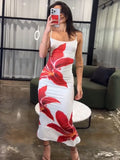 DERMEARNE Tossy Summer Printed Maxi Dress For Women Backless Fashion Slim High Waist Spaghetti Dress Holiday Patchwork Female Long Dress