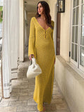 DERMEARNE Tossy White Knit Fashion Cover up Maxi Dress Female See-Through V-Neck Hollow Out Beach Holiday Dress Knitwear Backless Dress