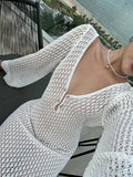 DERMEARNE Tossy White Knit Fashion Cover up Maxi Dress Female See-Through V-Neck Hollow Out Beach Holiday Dress Knitwear Backless Dress