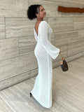 DERMEARNE Tossy White Knit Fashion Cover up Maxi Dress Female See-Through V-Neck Hollow Out Beach Holiday Dress Knitwear Backless Dress