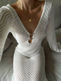 DERMEARNE Tossy White Knit Fashion Cover up Maxi Dress Female See-Through V-Neck Hollow Out Beach Holiday Dress Knitwear Backless Dress