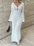 DERMEARNE Tossy White Knit Fashion Cover up Maxi Dress Female See-Through V-Neck Hollow Out Beach Holiday Dress Knitwear Backless Dress