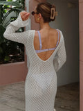 DERMEARNE Tossy White Knit Fashion Cover up Maxi Dress Female See-Through V-Neck Hollow Out Beach Holiday Dress Knitwear Backless Dress