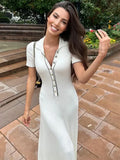 DERMEARNE Tossy White Knit Fashion Maxi Dress For Women Short Sleeve Patchwork Elegant Party Dress Lapel High Waist Knitwear Women's Dress