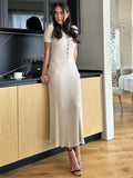 DERMEARNE Tossy White Knit Fashion Maxi Dress For Women Short Sleeve Patchwork Elegant Party Dress Lapel High Waist Knitwear Women's Dress