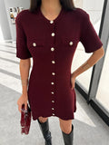 DERMEARNE Trendix Elegant Knit Mini Dress Women Street Slim High Waist Short Sleeve Rib Sweater Dresses Vacation Bodycon Knitwear Dress