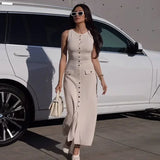 DERMEARNE Trendix Elegant Knitted Dress For Women Patchwork Pocket Sleeveless High Waist Long Dresses Femme Street Slim Knit Evening Dress