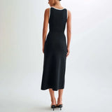 DERMEARNE Trendix Elegant Knitted Dress For Women Patchwork Pocket Sleeveless High Waist Long Dresses Femme Street Slim Knit Evening Dress