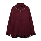 DERMEARNE Turtleneck Necklace Designer Thick Sweaters for Women Y2k Frayed Ripped Vintage Gothic Tops Winter Fashion Aesthetic Clothing