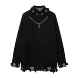 DERMEARNE Turtleneck Necklace Designer Thick Sweaters for Women Y2k Frayed Ripped Vintage Gothic Tops Winter Fashion Aesthetic Clothing