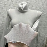 DERMEARNE Turtleneck Slim High Quality Plain T Shirt Women Cotton Elastic Basic Female Tops Long Sleeve Sexy Thin T-shirt See Through 2025