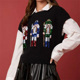 DERMEARNE Ugly Christmas Vests for Women Sequin Nutcracker Santa Sweaters Shirt Holiday Sparkly Graphic Crewneck Pullover Top Black