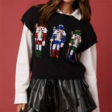 DERMEARNE Ugly Christmas Vests for Women Sequin Nutcracker Santa Sweaters Shirt Holiday Sparkly Graphic Crewneck Pullover Top Black