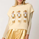 DERMEARNE Ugly Christmas Vests for Women Sequin Nutcracker Santa Sweaters Shirt Holiday Sparkly Graphic Crewneck Pullover Top Black