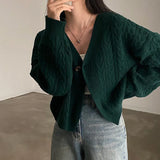 DERMEARNE V-Neck Twist Cropped Sweater Women Loose Solid Casual Knitted Single-Button Cardigan Harajuku Y2K Hip-Hop Spring Fall Jumpers