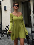 DERMEARNE V-neck Long Sleeved Sexy Dress Knitted Skirt Autumn And Winter Short Skirt Base A-line Ruffle Edge Fur sweater Dress