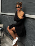 DERMEARNE V-neck Long Sleeved Sexy Dress Knitted Skirt Autumn And Winter Short Skirt Base A-line Ruffle Edge Fur sweater Dress