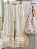 DERMEARNE Vintage Bloomers Loose Pants Fresh Elastic Waist Icing Ruffles Lace Wide Leg Pants Women