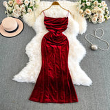 DERMEARNE Vintage Elegant Embroidered Bead Basics Sleeveless Chic Pleated Velvet Straps Dress Slim Korean Fashion Evening Women Clothing