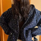 DERMEARNE Vintage Full Floral Printed Hooded Sweatshirt Jacket Women Spring Autumn Loose Fleece Long Sleeve Cardigan Hoodies Casual Coats