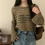 DERMEARNE Vintage Hollow Out T-shirt Casual Knit Sweater Loose Y2K T-shirt Crewneck Thin Sweater Autumn Pullovers Fashion Streetwear