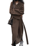 DERMEARNE Vintage Long Cardigan Women Coffee Belt Sweater Jacket Coat Long Sleeve Loose Casual Knitted Coat Korean Fashion Knitted Tops