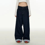 DERMEARNE Vintage Plaid Patchwork Women Jeans Y2K New High Waist Streetwear Baggy Denim Pants Harajuku Bow Embroidery Wide Leg Trousers