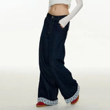 DERMEARNE Vintage Plaid Patchwork Women Jeans Y2K New High Waist Streetwear Baggy Denim Pants Harajuku Bow Embroidery Wide Leg Trousers