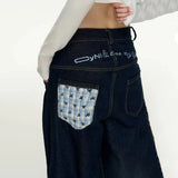 DERMEARNE Vintage Plaid Patchwork Women Jeans Y2K New High Waist Streetwear Baggy Denim Pants Harajuku Bow Embroidery Wide Leg Trousers