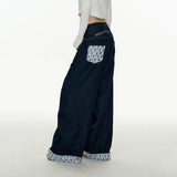 DERMEARNE Vintage Plaid Patchwork Women Jeans Y2K New High Waist Streetwear Baggy Denim Pants Harajuku Bow Embroidery Wide Leg Trousers