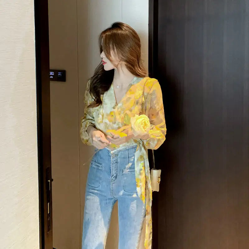 DERMEARNE Vintage Printed V-Neck Ruffles Oversized Bandage Chiffon Blouse Summer and Autumn Casual Tops Chic Women Clothing Commute Shirt