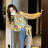 DERMEARNE Vintage Printed V-Neck Ruffles Oversized Bandage Chiffon Blouse Summer and Autumn Casual Tops Chic Women Clothing Commute Shirt