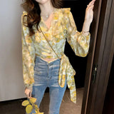 DERMEARNE Vintage Printed V-Neck Ruffles Oversized Bandage Chiffon Blouse Summer and Autumn Casual Tops Chic Women Clothing Commute Shirt