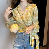 DERMEARNE Vintage Printed V-Neck Ruffles Oversized Bandage Chiffon Blouse Summer and Autumn Casual Tops Chic Women Clothing Commute Shirt