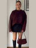 DERMEARNE Vintage Red O-neck Sweater Pullover For Women Casual Long Sleeved Loose Knitwear 2025 New Autumn Female High Streetwear