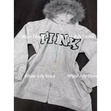 DERMEARNE Vintage Y2k Aesthetic Grunge Letter Print Zippers Hoodies Women Coat Casual Gray Femme Korean Fur Patchwork Hooded Sweatshirts