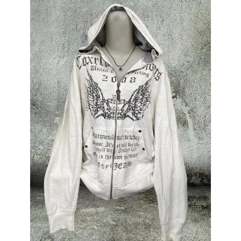 DERMEARNE Vintage Y2k Aesthetic Grunge Letter Print Zippers Hoodies Women Coat Casual Gray Femme Korean Fur Patchwork Hooded Sweatshirts