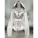 DERMEARNE Vintage Y2k Aesthetic Grunge Letter Print Zippers Hoodies Women Coat Casual Gray Femme Korean Fur Patchwork Hooded Sweatshirts