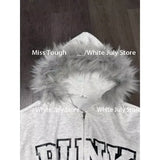 DERMEARNE Vintage Y2k Aesthetic Grunge Letter Print Zippers Hoodies Women Coat Casual Gray Femme Korean Fur Patchwork Hooded Sweatshirts