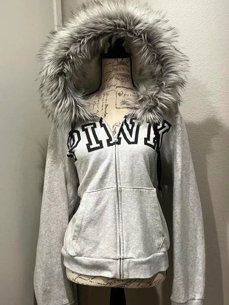 DERMEARNE Vintage Y2k Aesthetic Grunge Letter Print Zippers Hoodies Women Coat Casual Gray Femme Korean Fur Patchwork Hooded Sweatshirts