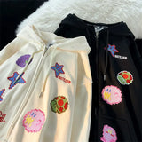DERMEARNE WARM Sweatshirt Women Zip Up Oversized Retro Streetwear pixel pattern Printing Hoodies Punk Hooded Jackets Embroidery Y2k