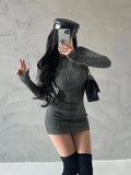 DERMEARNE WOMENGAGA Sexy Hollow Zipper Tight Long Sleeved Sweater Knitted Dress Elegant Short Dress Fashion Sweet Kroean Women Top 1S4E