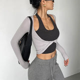 DERMEARNE WOMENGAGA Spicy Girl's Twisted Hanging Neck Fake Two-piece T-shirt For Women Autumn New Slim Tees Fashion Women WK6T