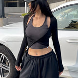 DERMEARNE WOMENGAGA Spicy Girl's Twisted Hanging Neck Fake Two-piece T-shirt For Women Autumn New Slim Tees Fashion Women WK6T