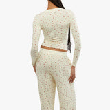 DERMEARNE WPNAKS Women 2 Piece Pant Sets Spring Autumn Clothes Solid Color Long Sleeve Crop Tops and Elastic Wide Leg Pants Sleepwear