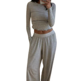 DERMEARNE WPNAKS Women 2 Piece Pant Sets Spring Autumn Clothes Solid Color Long Sleeve Crop Tops and Elastic Wide Leg Pants Sleepwear