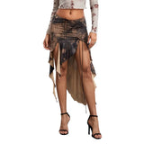 DERMEARNE WPNAKS Women Irregular Ruffle Hem Midi Skirt Summer Clothes 2025 Low Waist High Split Vintage Print Front Tie Up Skirt Sexy Club